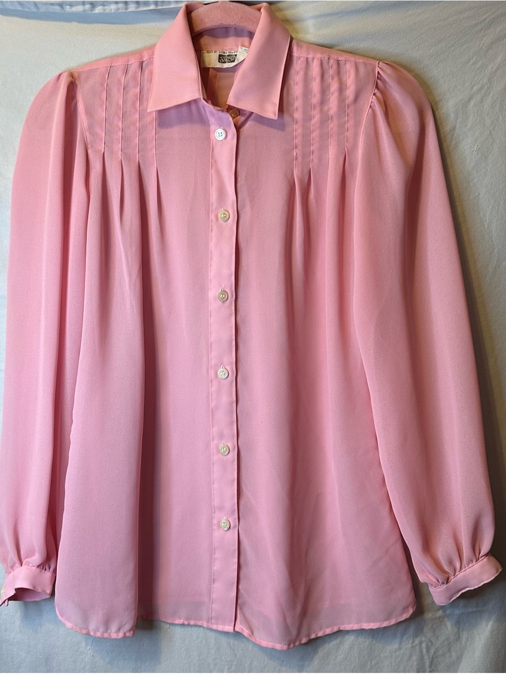 Pleated Pink Long-Sleeve Button Front Blouse size Small
